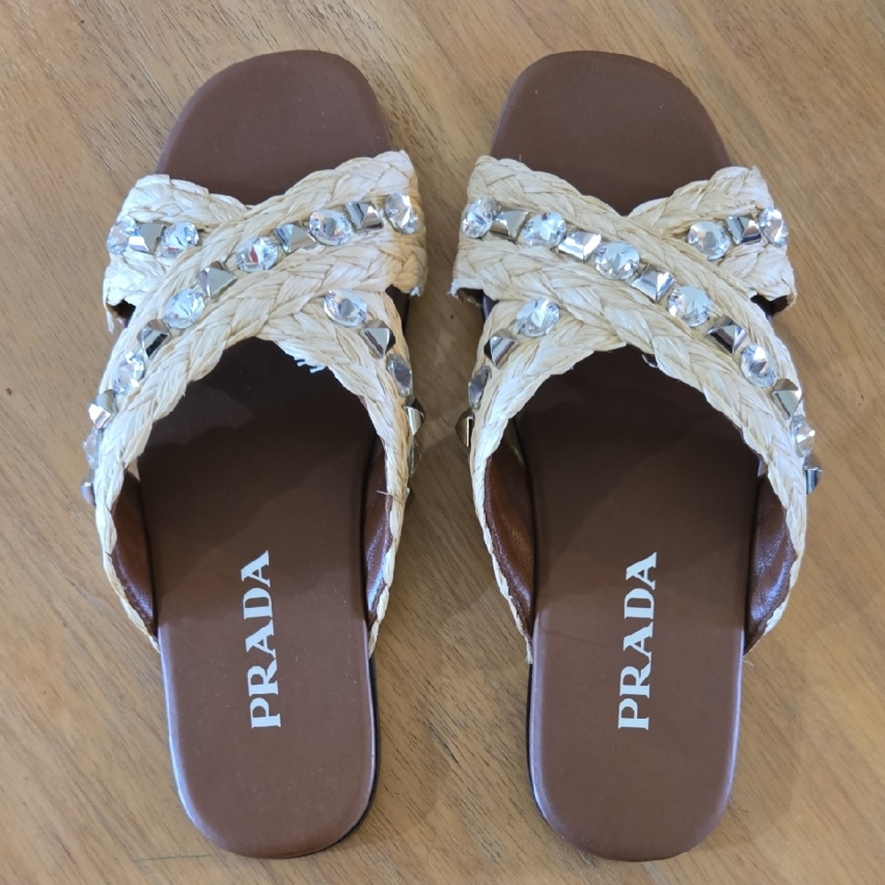 PRADA - JEWELED RAFFIA FLAT SLIDE SANDALS